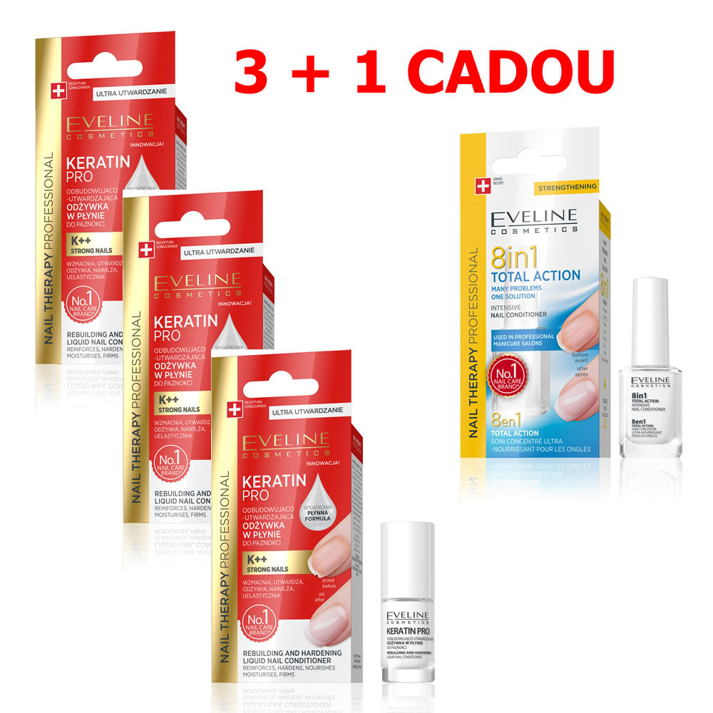 Tratament refacere si intarire unghii Eveline Nail Therapy Keratin Pro 3 + 1 CADOU