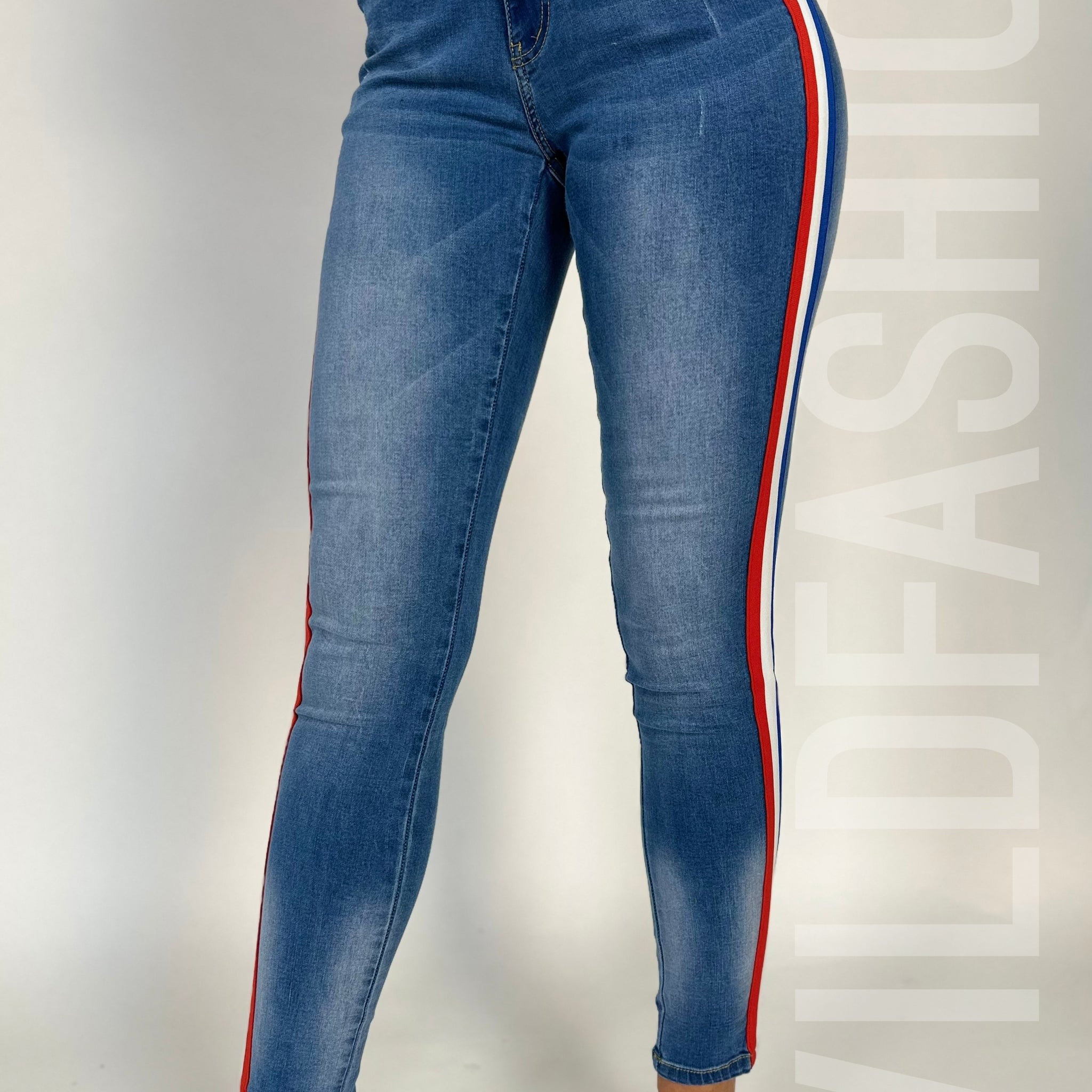 Jeans skinny cu talie inalta si banda colorata pe lateral CL840RR-411