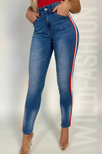 Jeans skinny cu talie inalta si banda colorata pe lateral CL840RR-411
