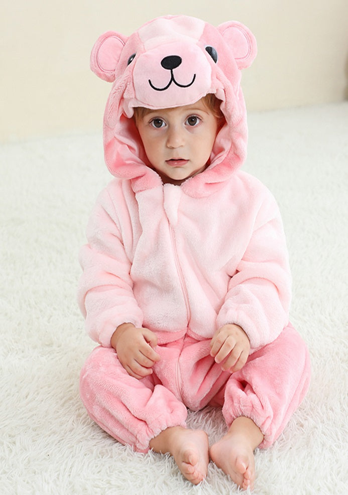 Pijama kigurumi pentru bebelusi model ursulet roz, tip salopeta din material moale si pufos CLD169-5
