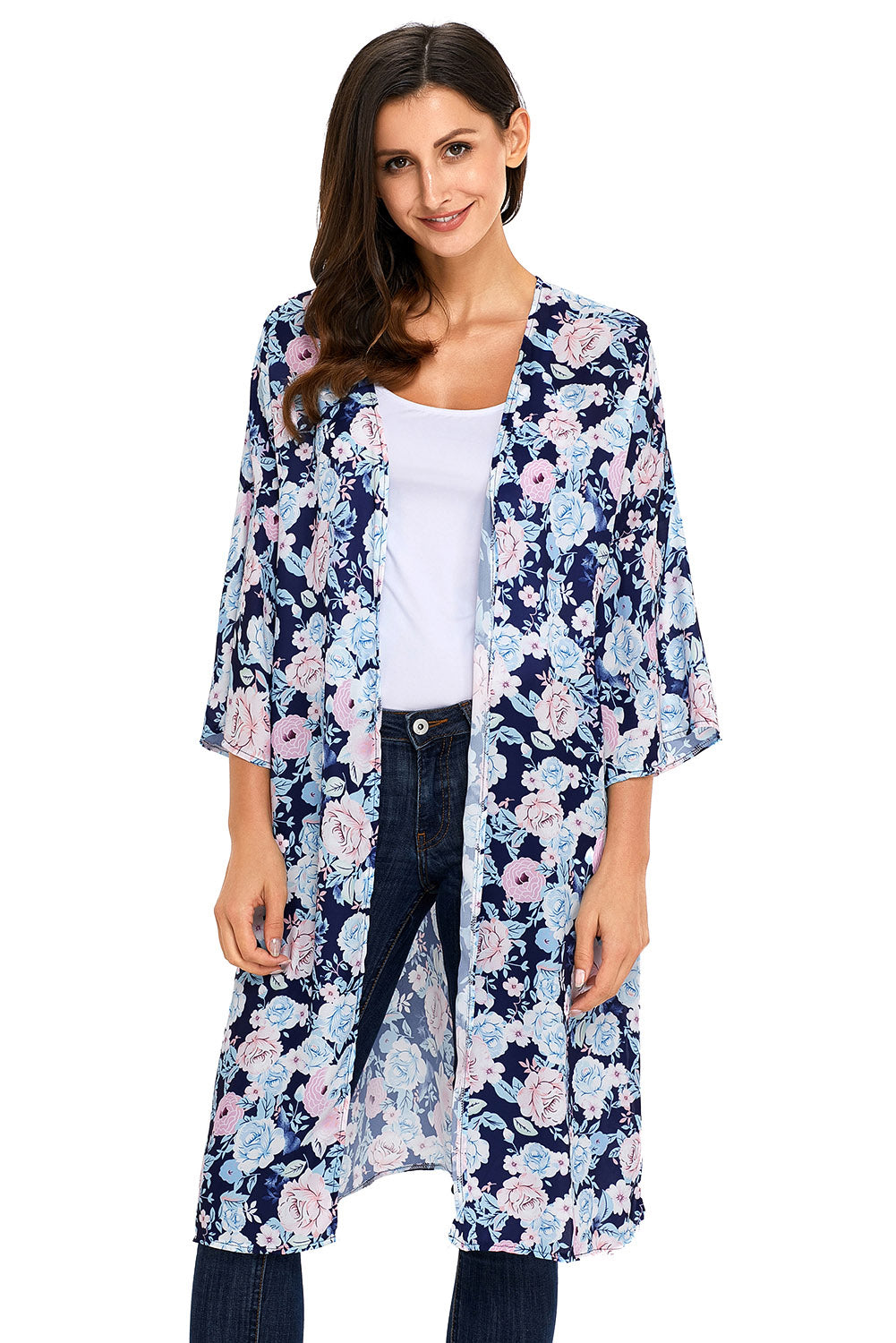Tunica de plaja stil kimono cu imprimeu floral si maneci trei sferturi Q606-4
