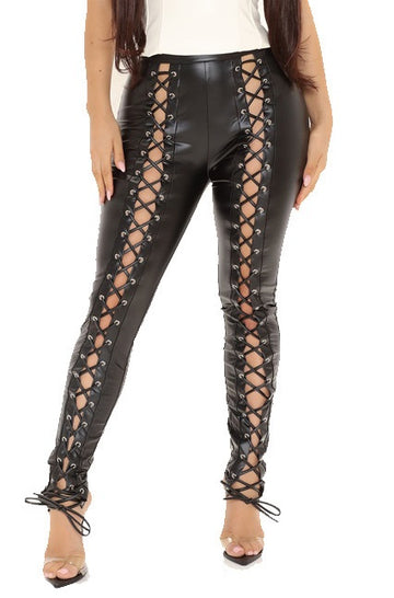 Pantaloni sexy din vinil elastic cu snur in fata X781-1