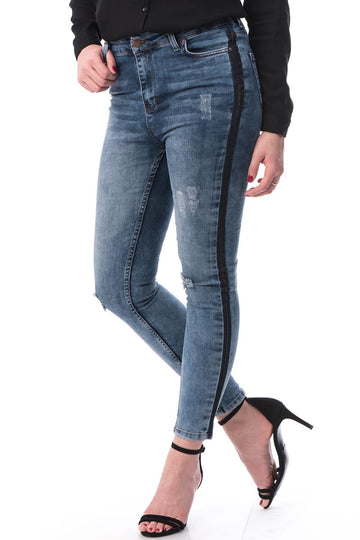Jeans skinny din denim prespalat cu dunga decorativa pe lateral CL715-444