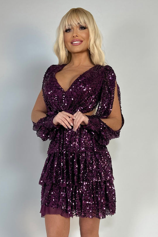 Rochie scurta de ocazie cu spatele gol si accesorizate cu paiete W645-81