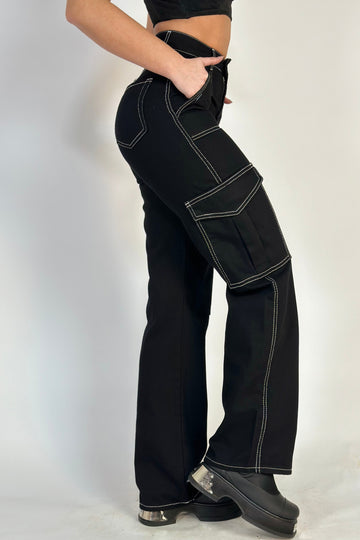 Blugi casual cu talie inalta din denim negru, model larg cu croi drept H763-1