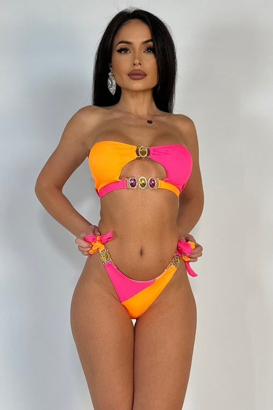 Costum de baie fashion in 2 piese din material reiat cu lant, pietre colorate si strasuri SW2550-5519