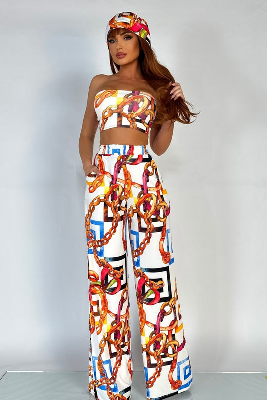 Set 3 piese compleu casual din top, pantaloni lungi si bandana cu print colorat G853-23