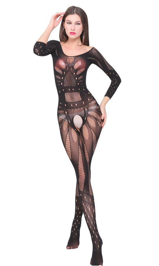 Bodystocking sexy din material supraelastic cu model si multiple decupaje, Negru BS105-1