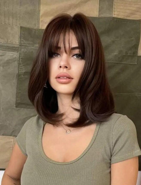 Peruca saten inchis, bob lung lejer cu breton PER117-8888