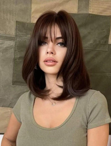 Peruca saten inchis, bob lung lejer cu breton PER117-8888