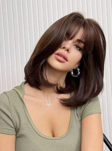 Peruca saten inchis, bob lung lejer cu breton PER117-8888