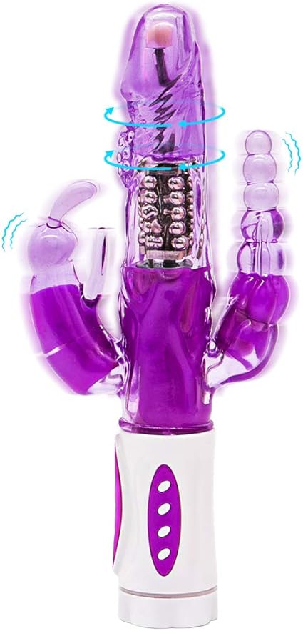 Vibrator Triplu tip Iepuraș cu Rotație și Vibrație, Stimulare Vaginală, Anală și Clitoridiană, Silicon Medical, Reîncărcabil USB, Mov, TOY351-11