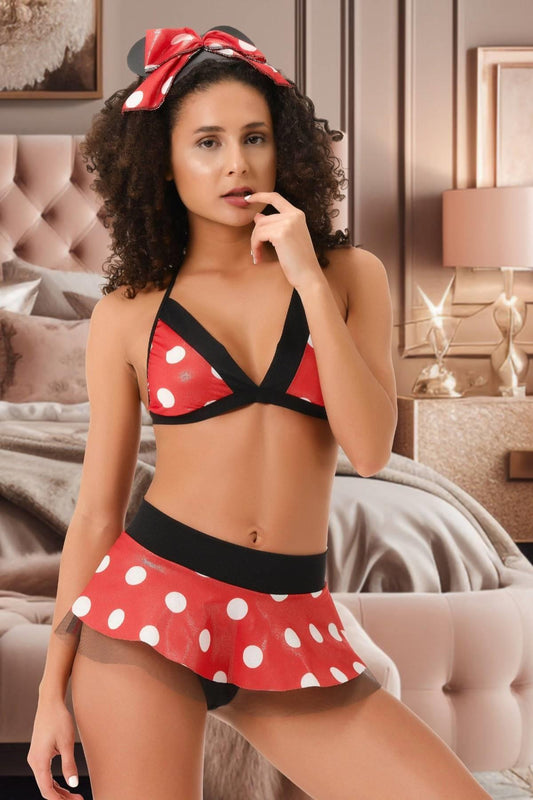 Set 3 piese lenjerie sexy de "Minnie mouse" din sutien cu fusta scurta si cordeluta A848-3