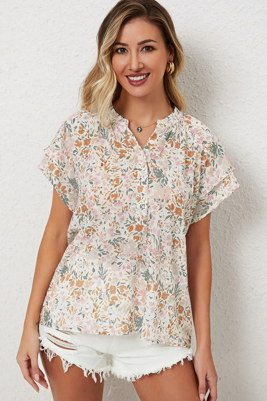 Bluza vaporoasa de vara cu maneci scurte si print floral, multicolor A874-100