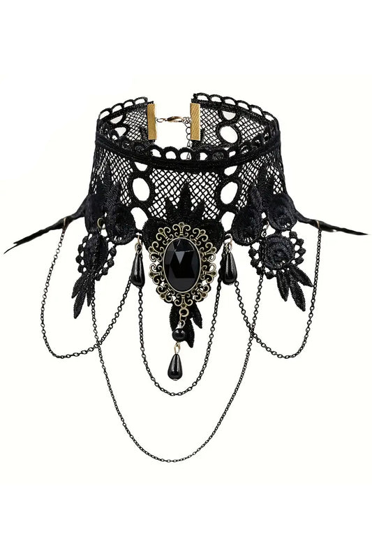 Accesoriu gat tip chocker "Gothic Style" din broderie accesorizat cu brosa si lanturi AC245-1