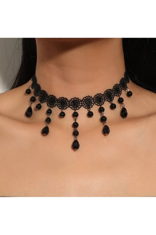 AC280-1 Accesoriu gat tip chocker "Gothic Style" din broderie negra accesorizat cu margele sintetice