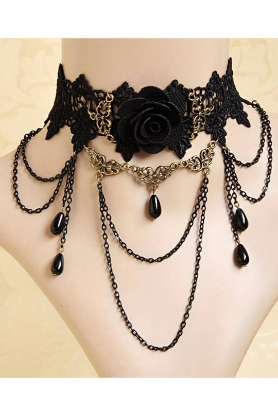 Accesoriu gat tip chocker "Gothic Style" din broderie accesorizat cu trandafir 3D, lanturi si margele sintetice AC315-1