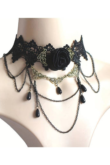 Accesoriu gat tip chocker "Gothic Style" din broderie accesorizat cu trandafir 3D, lanturi si margele sintetice AC315-1
