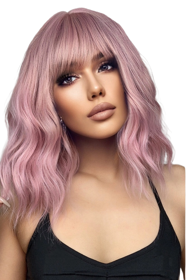 Peruca roza cu par mediu, breton si onduleuri usoare PER77-5