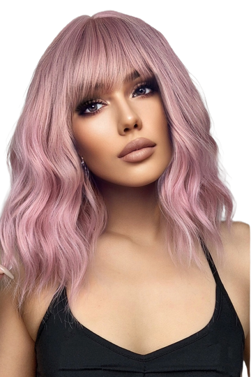 Peruca roza cu par mediu, breton si onduleuri usoare PER77-5