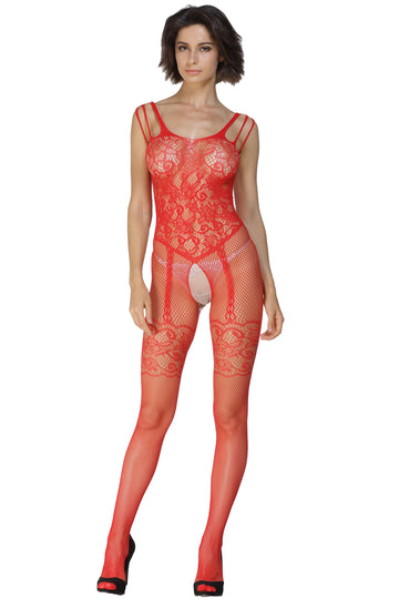 Bodystocking sexy din plasa cu ochiuri mici si model floral, Rosu BS131-3