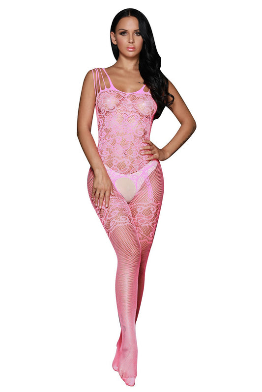 Bodystocking sexy din plasa cu ochiuri mici si model floral, Roz BS131-5