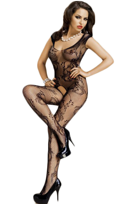 Bodystocking sexy din plasa supraelastica cu model, decupaj inghinal, Negru BS210-1