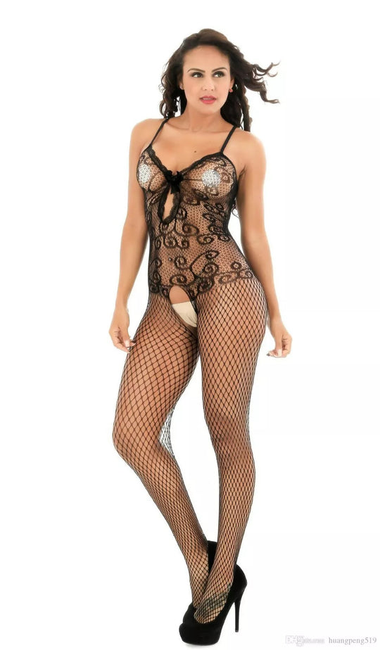 Bodystocking sexy cu model floral decupaje si fundita in fata, Negru, Universala BS271-1