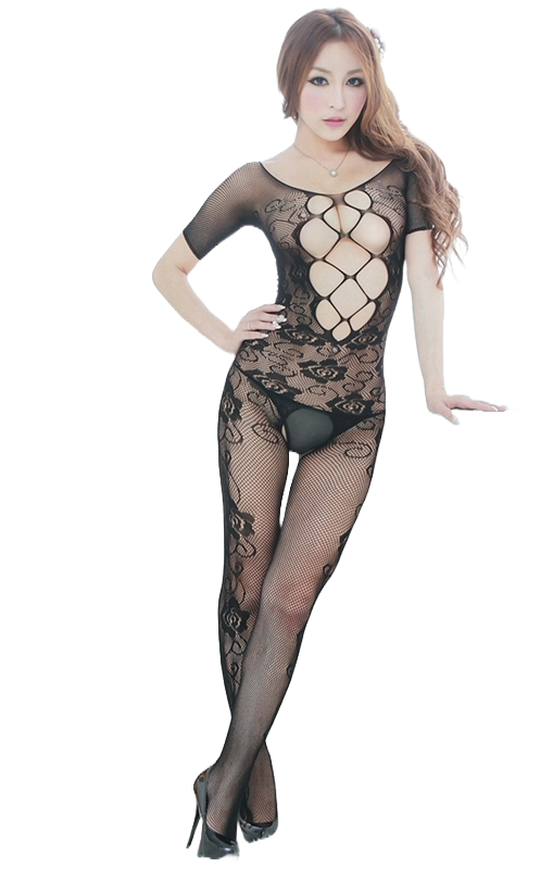 Bodystocking sexy din plasa cu model floral, decupaje si maneci scurte, Negru, Universala BS278-1