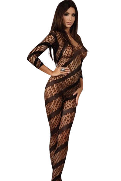 Lenjerie bodystocking din plasa supraelastica cu model, Negru BS99-1