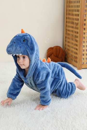 Pijama kigurumi pentru bebelusi tip salopeta din material moale si pufos, model dinozaur albastru CLD172-4