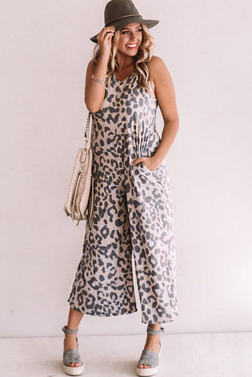 Salopeta lunga, casual fara maneci, cu croi larg si print leopard, roz si print leopard D845-99