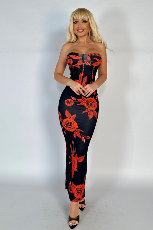 Rochie lunga sexy, conica, din material elastic vaporos cu print floral F946-311