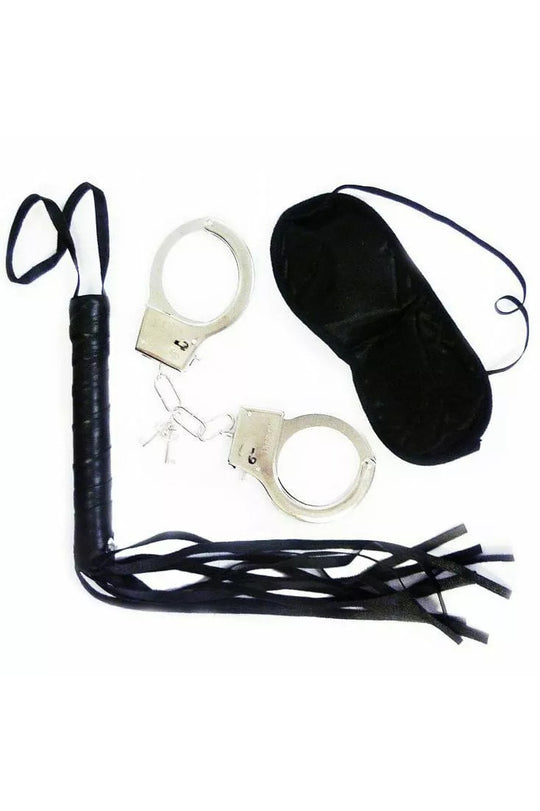 Set fetish/BDSM din 3 piese, catuse metalice, bici cu franjuri si masca pentru ochi, Negru, G33A-1
