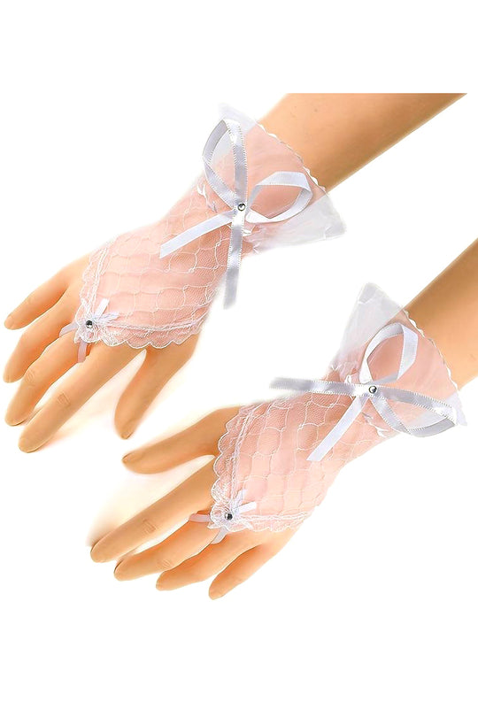 Manusi scurte fara degete, accesorizat cu fundita si strasuri, Alb GL77-2