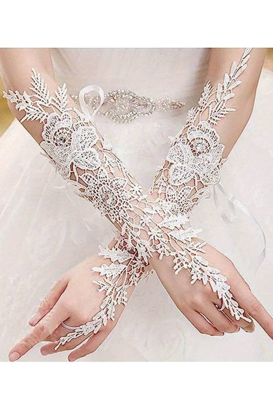 Manusi lungi pentru mirese din broderie alba accesorizate cu strasuri si floricele, Alb GL81-2