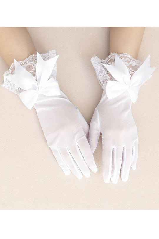 Manusi scurte cu degete din plasa fine elastica accesorizat cu dantela si fundita satinata, Alb GL84-2