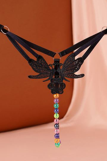 Chilot tanga kinky cu fluture din dantela si margele colorate, Negru, GS1291-1