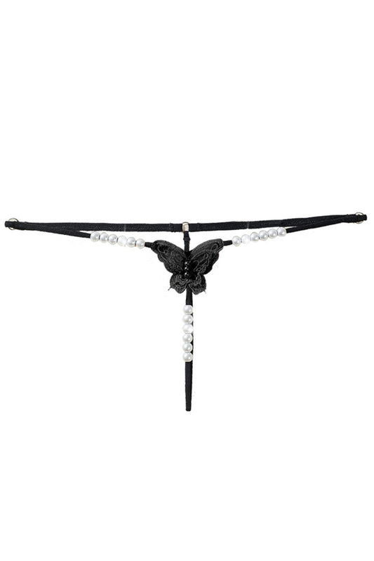 Chilot snur kinky cu fluture din dantela si margelute decorative sexy, Negru, GS1292-1122