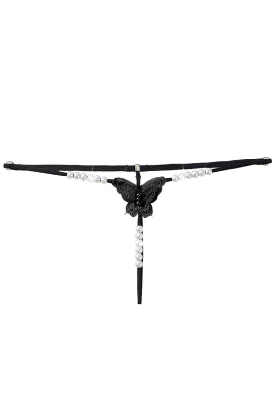 Chilot snur kinky cu fluture din dantela si margelute decorative sexy, Negru, GS1292-1122