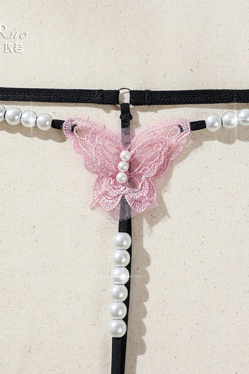 Chilot snur kinky cu fluture din dantela si margelute decorative sexy, Roz, GS1292-151