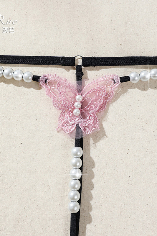 Chilot snur kinky cu fluture din dantela si margelute decorative sexy, Roz, GS1292-151