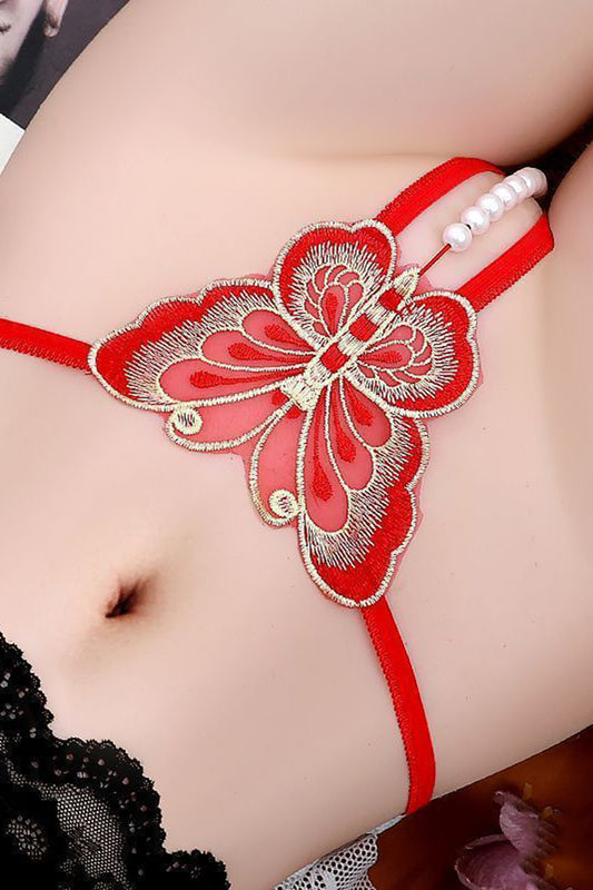 Chilot snur sexy cu fluture brodat si margele decorative, Rosu, GS1294-3