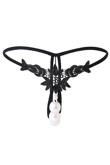 Chilot sexy cu broderie florala si margele tip perla, Negru, GS1296-1