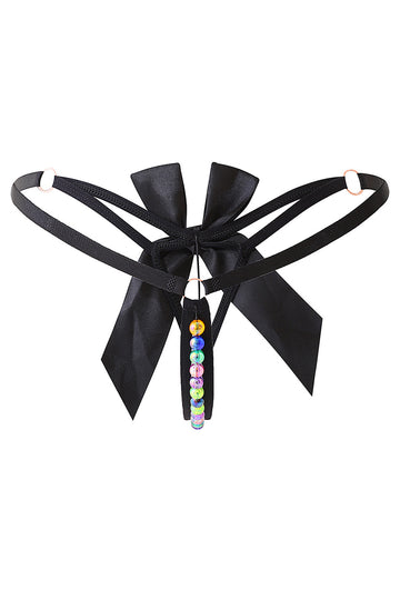 Chilot snur kinky cu funda satinata si margele colorate – lenjerie intima sexy, Negru, GS1297-1