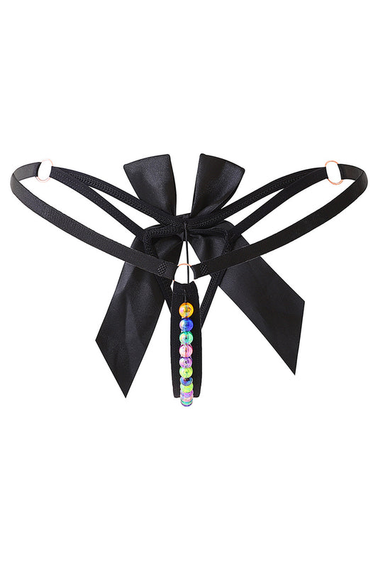 Chilot snur kinky cu funda satinata si margele colorate – lenjerie intima sexy, Negru, GS1297-1