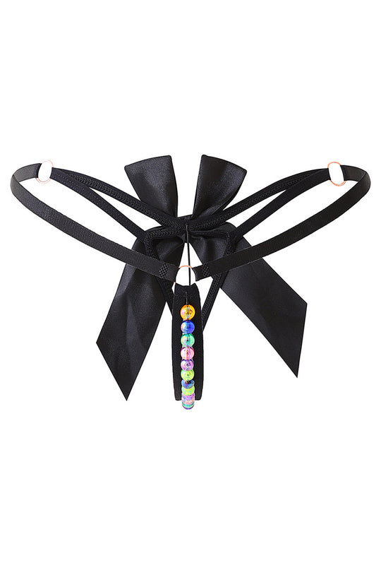 Chilot snur kinky cu funda satinata si margele colorate – lenjerie intima sexy, Negru, GS1297-1