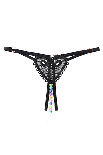 Chilot kinky cu model inimioara din dantela si margele colorate, Negru, GS1299-1