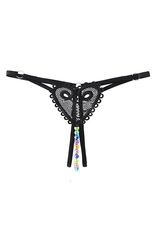 Chilot kinky cu model inimioara din dantela si margele colorate, Negru, GS1299-1