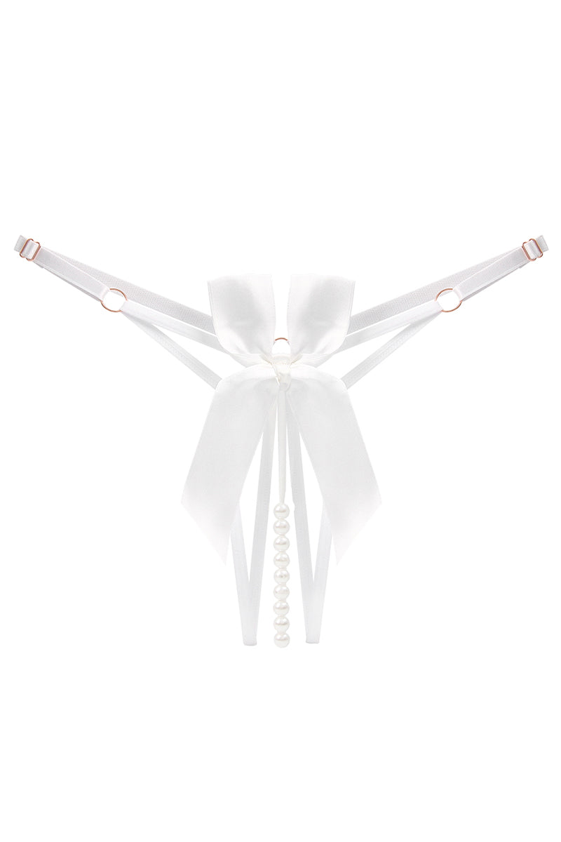 Chilot sexy cu decupaj inghinal, funda satin si sirag de perle, Alb, GS1303-2
